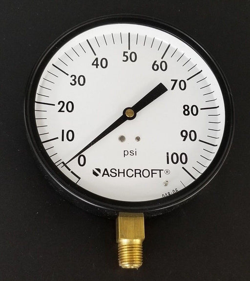 NIB ASHCROFT 45W1000 H 02L 100# PRESSURE GAUGE 4-1/2", 0-100PSI, 1/4" NPT