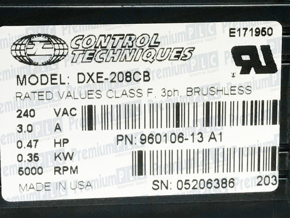 EMERSON CONTROL TECHNIQUES DXE-208CB SERVO MOTOR 240VAC 3A .47HP, 960106-13 A1