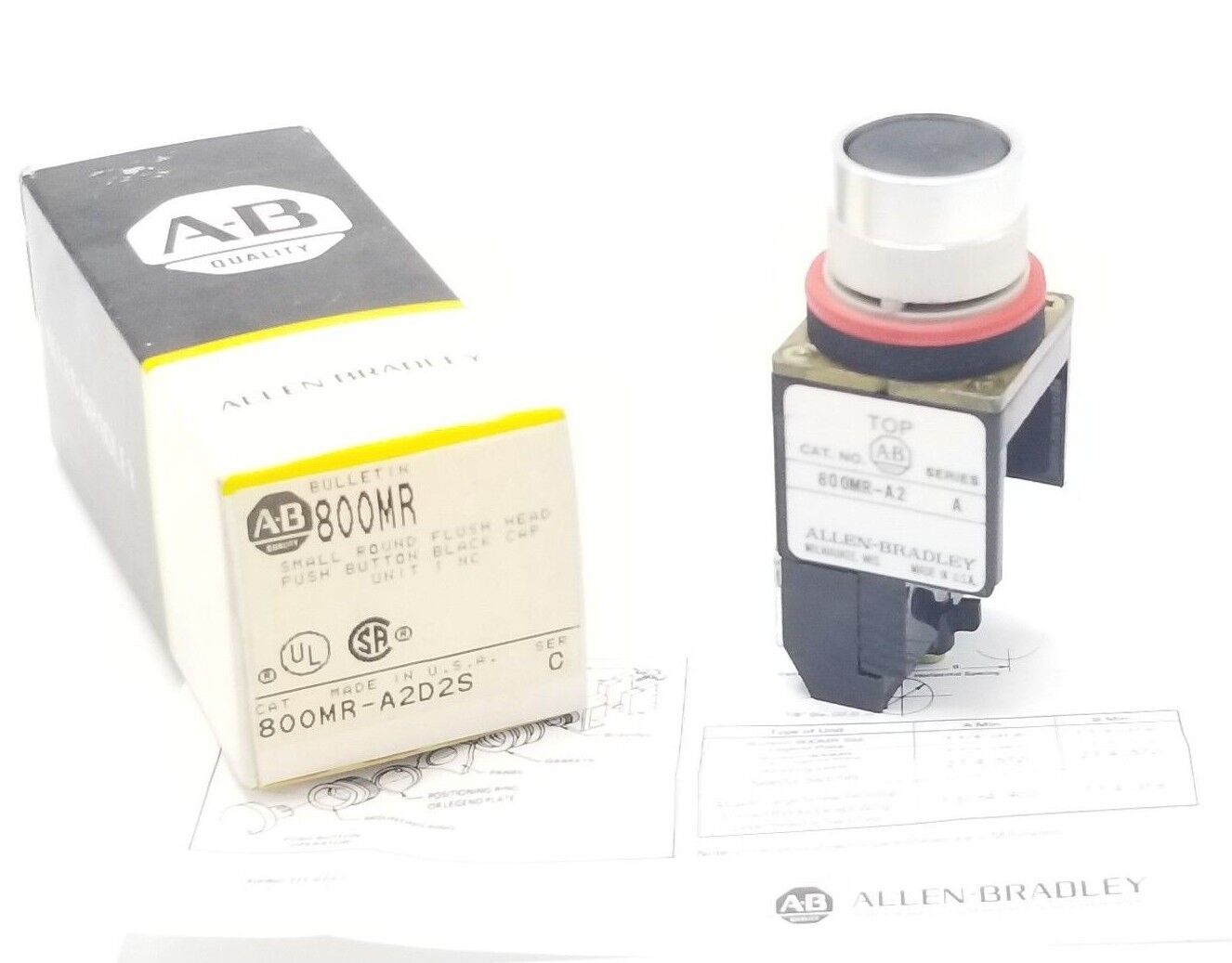 NIB ALLEN BRADLEY 800MR-A2D2S SMALL ROUND FLUSH HEAD PUSHBUTTON SER. C BLACK CAP