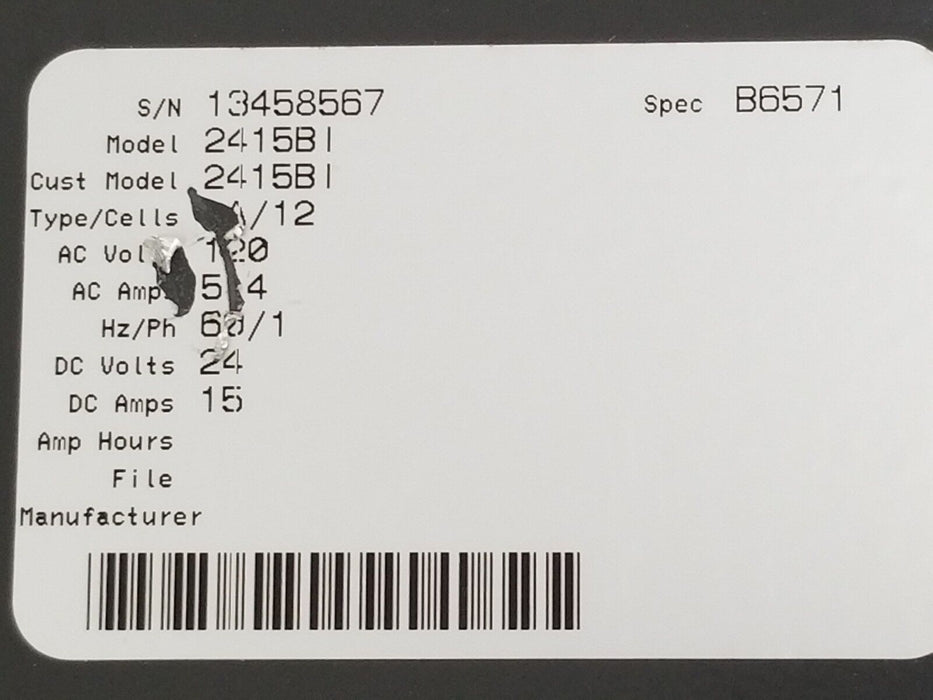 NEW MAC 2415BI BATTERY CHARGER TYPE A, 12 CELL, 120V/5.4A AC, 24V/15A DC, 60HZ