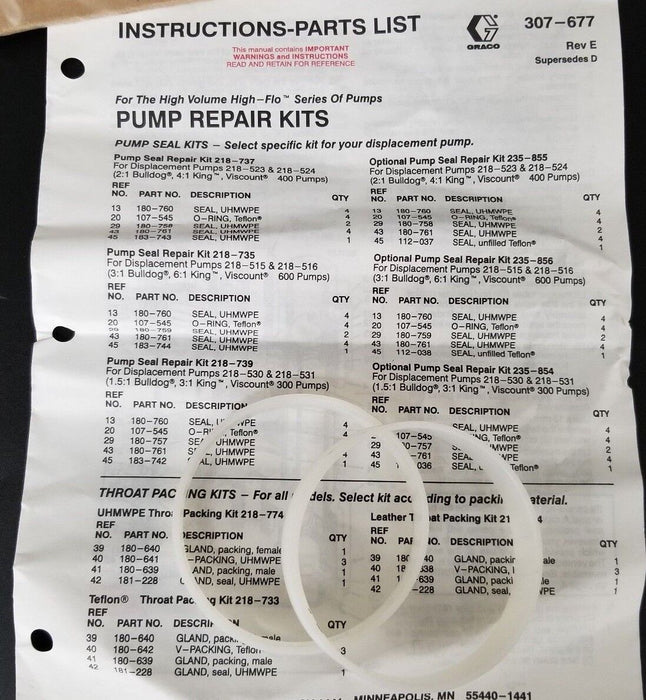 NEW GRACO 218-739 SERIES 194B PUMP SEAL REPAIR KIT 218739 *INCOMPLETE*