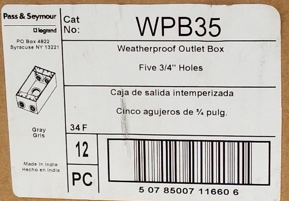 BOX OF 12 NEW PASS & SEYMOUR WPB35 ALL-WEATHER OUTLET BOXES, FIVE-HOLE, 3/4"