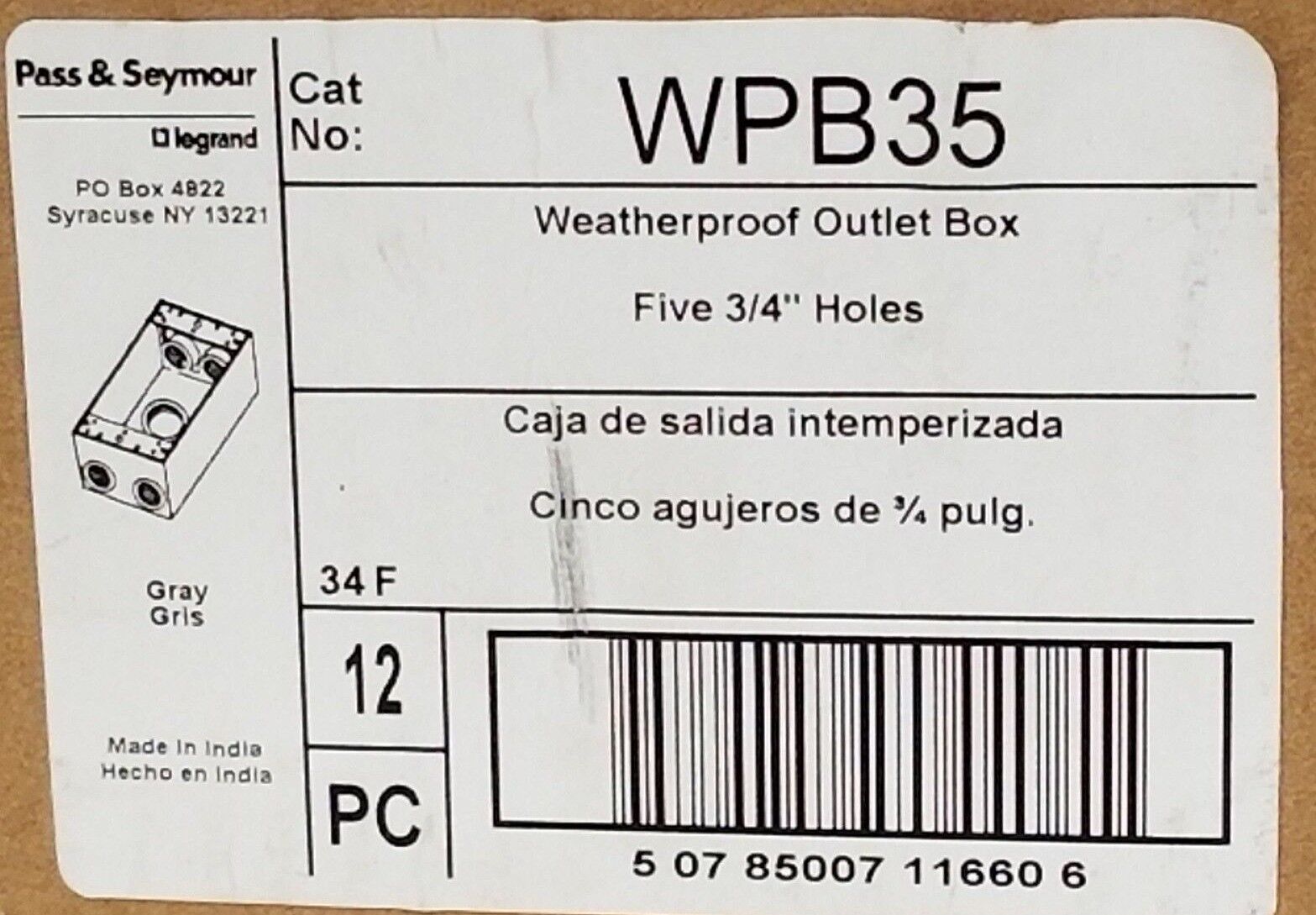 BOX OF 12 NEW PASS & SEYMOUR WPB35 ALL-WEATHER OUTLET BOXES, FIVE-HOLE, 3/4"
