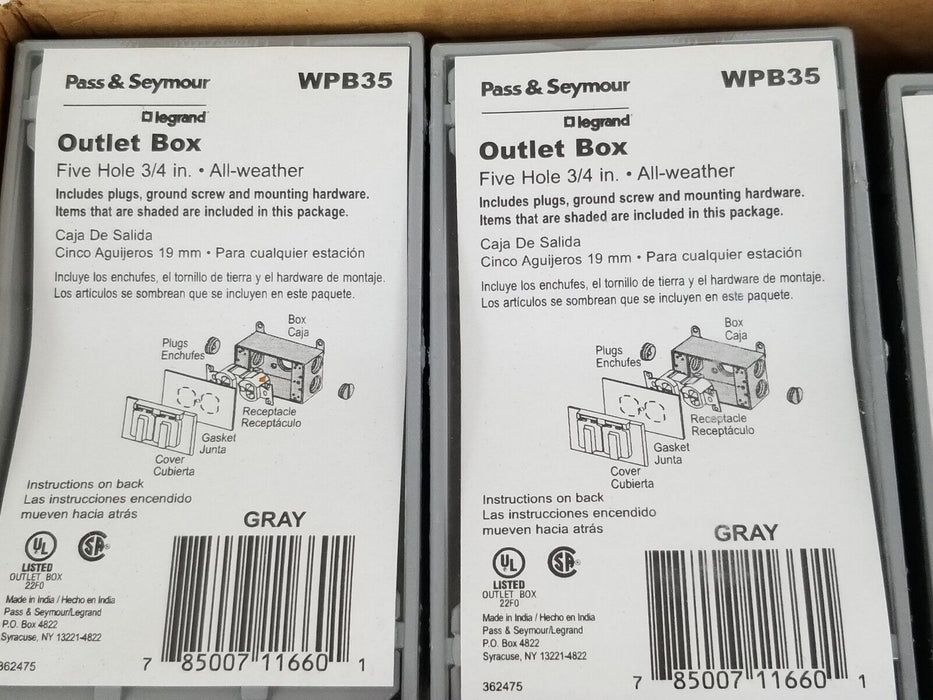 BOX OF 12 NEW PASS & SEYMOUR WPB35 ALL-WEATHER OUTLET BOXES, FIVE-HOLE, 3/4"