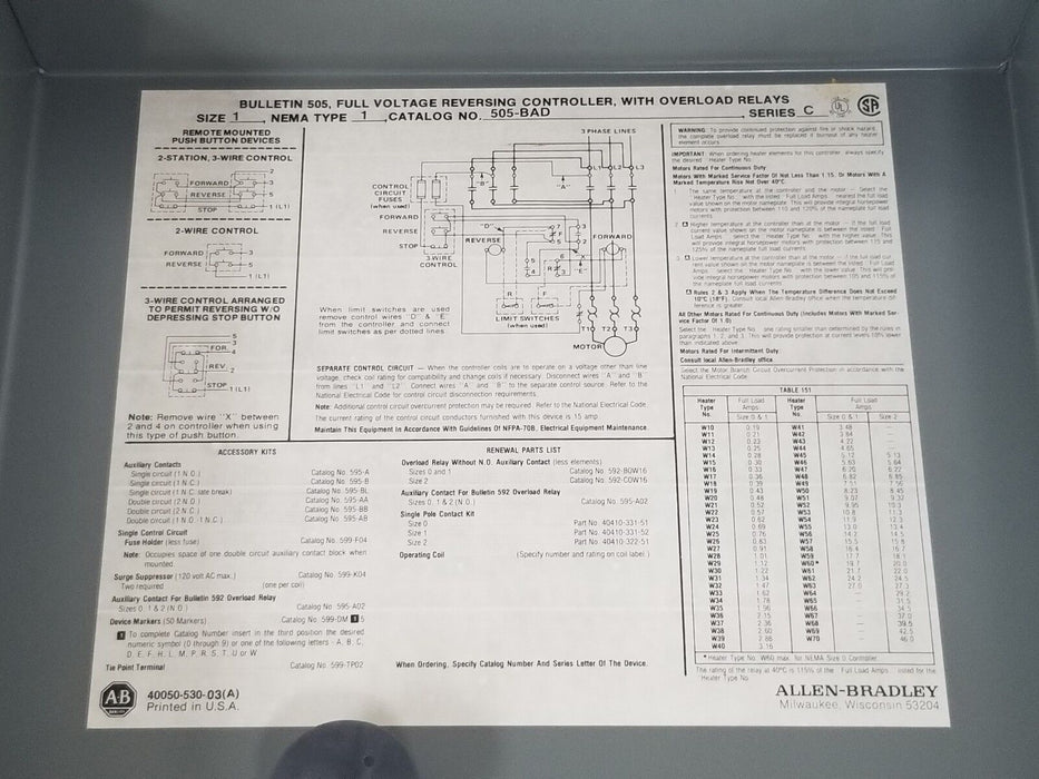 NIB ALLEN BRADLEY 505-BAD SER. C REVERSING STARTER SIZE 1, 505BAD, 120V