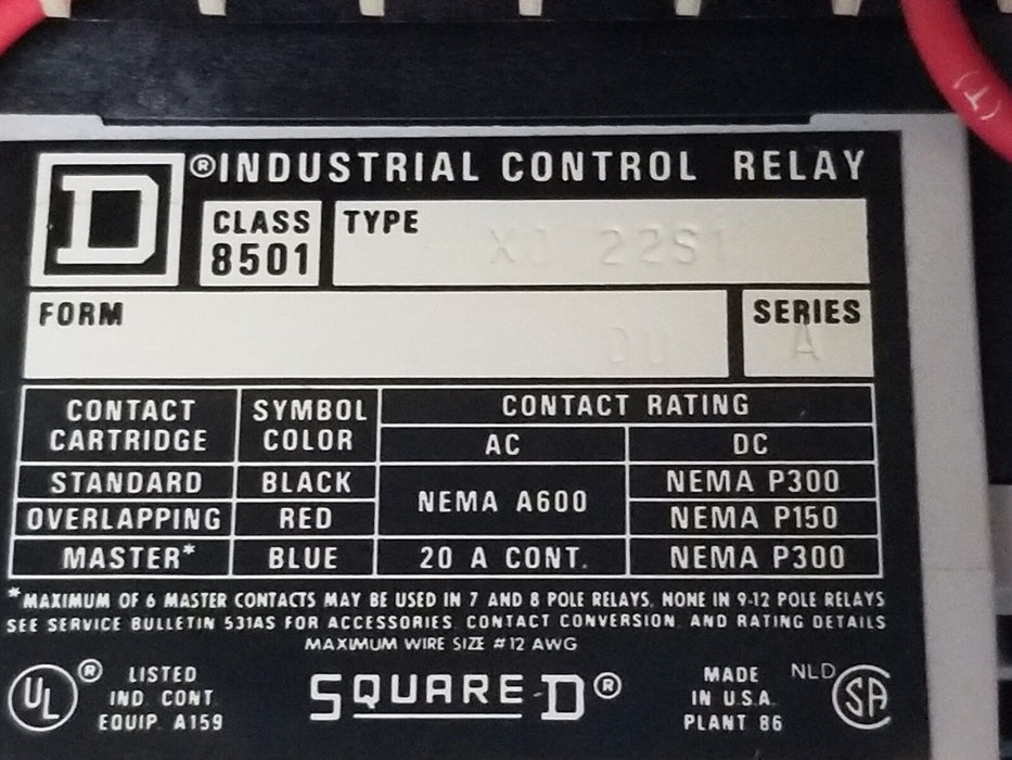 SQUARE D 8903 TYPE L LIGHTING CONTACTOR 8501-X0-21S1 , 8501-X0-22S1 120V 60HZ