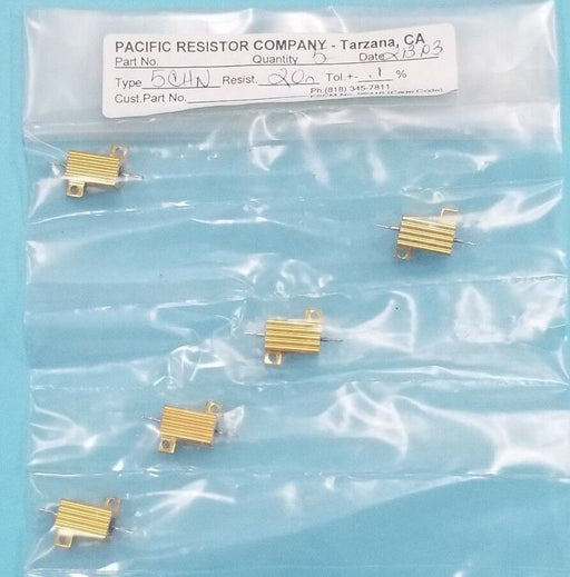 LOT OF 5 NEW PACIFIC RESISTOR COMPANY 5CHN RESISTORS 20 OHM, +/-0.1%, 5W