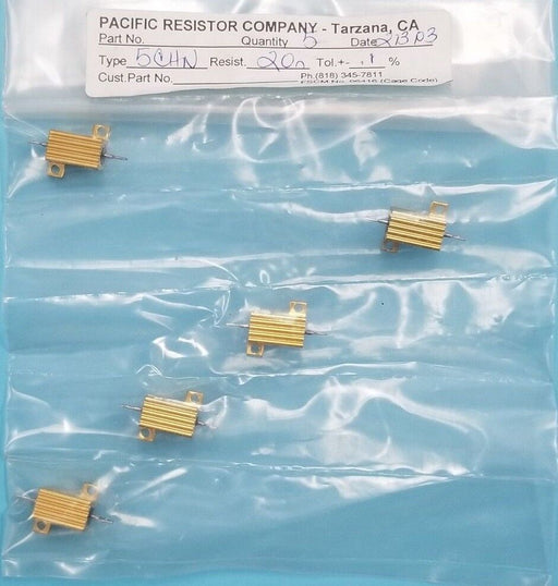 LOT OF 5 NEW PACIFIC RESISTOR COMPANY 5CHN RESISTORS 20 OHM, +/-0.1%, 5W