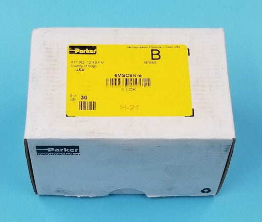F/S BOX OF 30 PARKER 6MSC8N-B BRASS FITTINGS, 3/8" A-LOK X 1/2" MNPT, 6MSC8NB