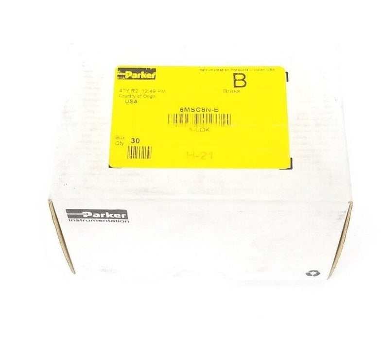 F/S BOX OF 30 PARKER 6MSC8N-B BRASS FITTINGS, 3/8" A-LOK X 1/2" MNPT, 6MSC8NB