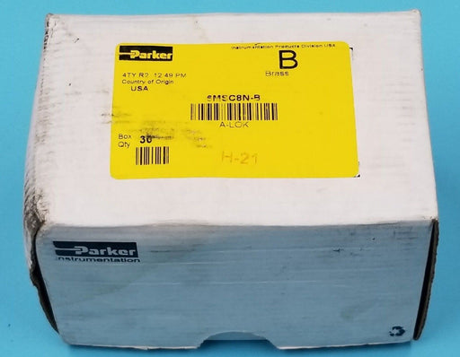 BOX OF 30 NEW PARKER 6MSC8N-B BRASS FITTINGS, 3/8" A-LOK X 1/2" MNPT, 6MSC8NB