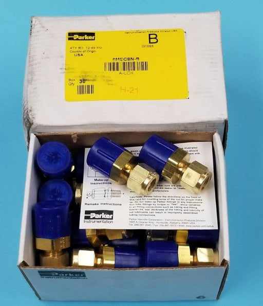 BOX OF 30 NEW PARKER 6MSC8N-B BRASS FITTINGS, 3/8" A-LOK X 1/2" MNPT, 6MSC8NB