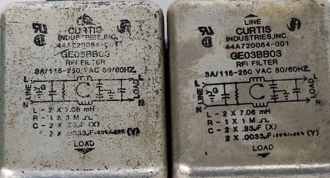 LOT OF 2 CURTIS INDUSTRIES GE03BB03 RFI FILTERS, 3A, 115-250VAC, 44A720084-001