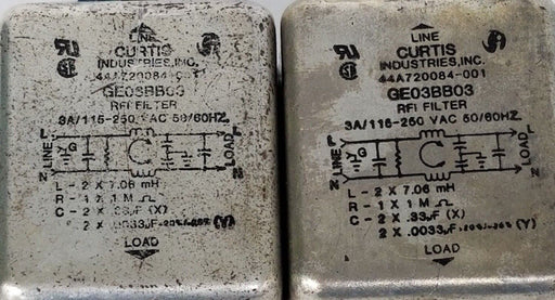 LOT OF 2 CURTIS INDUSTRIES GE03BB03 RFI FILTERS, 3A, 115-250VAC, 44A720084-001