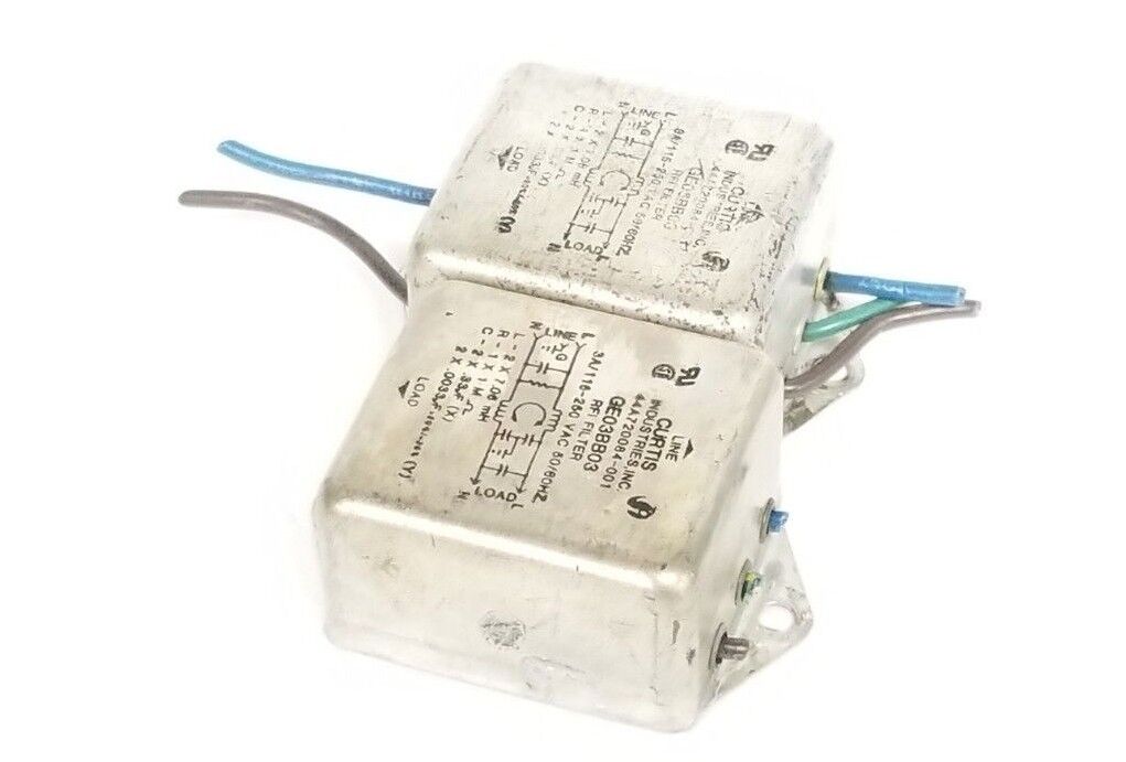 LOT OF 2 CURTIS INDUSTRIES GE03BB03 RFI FILTERS, 3A, 115-250VAC, 44A720084-001