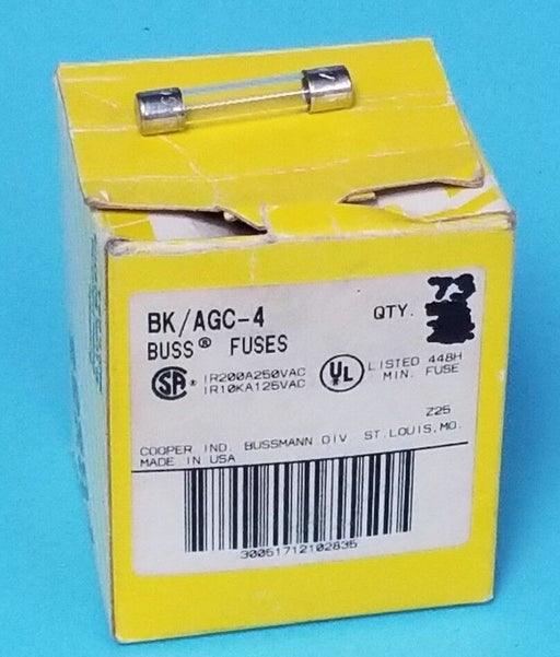 BOX OF 73 NEW COOPER BUSSMANN BK/AGC-4 BUSS FUSES 4AMP, 250VAC, BKAGC4