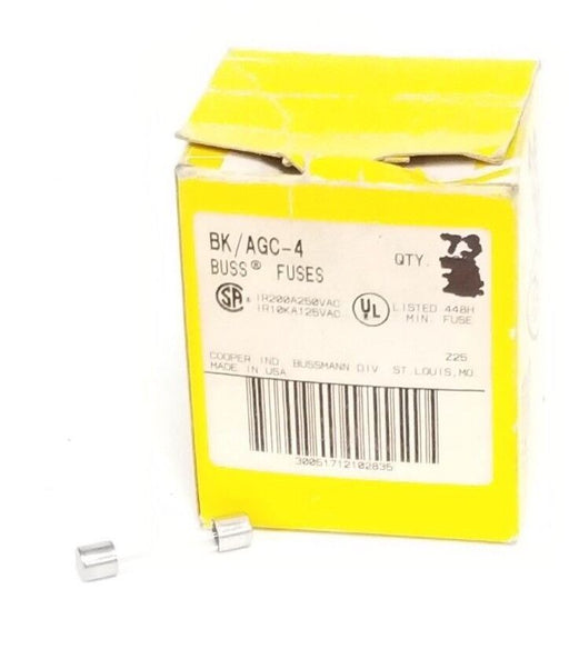 BOX OF 73 NEW COOPER BUSSMANN BK/AGC-4 BUSS FUSES 4AMP, 250VAC, BKAGC4
