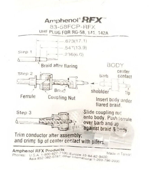 NEW AMPHENOL RFX 83-58FCP-RFX UHF PLUG FOR RG-58, 141, 142A