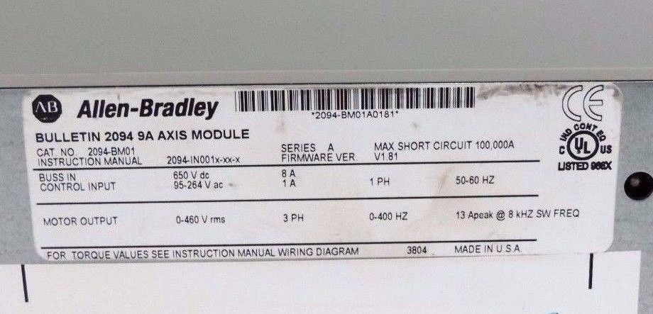 ALLEN BRADLEY 2094-BM01 KINETIX 6000 SERVO DRIVE SER A F/W VER V1.81 2094BM01