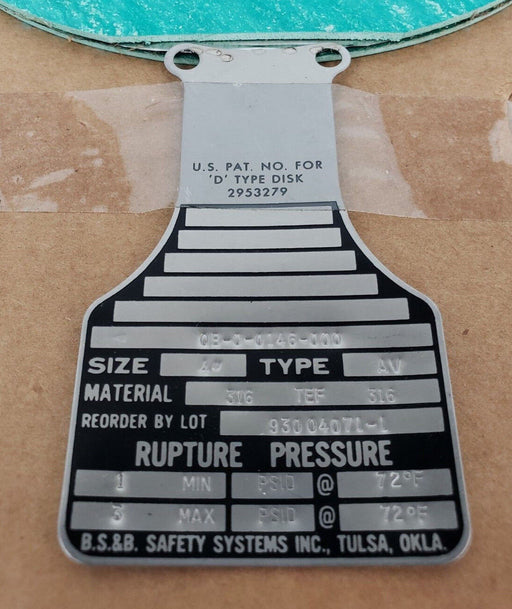 NEW BS&B QB-0-0146-000 'D' TYPE RUPTURE DISK, 4", TYPE AV, 316 TEF 316, 2953279