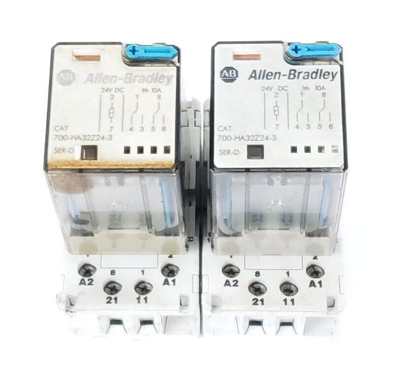 LOT OF 2 ALLEN BRADLEY 700-HA32Z24-3 SER. D RELAYS W/ 700-HN100 SER. C SOCKETS