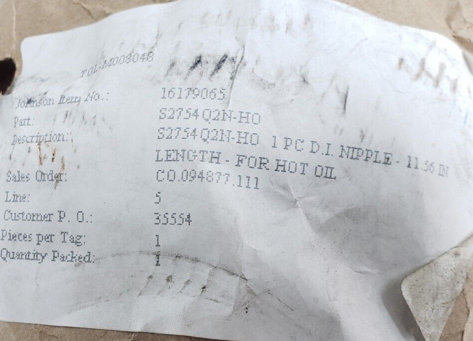 GENERIC S2754Q2N-HO D.I. NIPPLE, 11.56" LENGTH, FOR HOT OIL, S2754Q2NH0