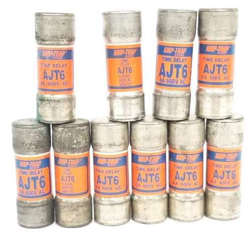 LOT OF 10 FERRAZ SHAWMUT AMP-TRAP 2000 AJT6 TIME DELAY FUSES 6AMP, 600VAC