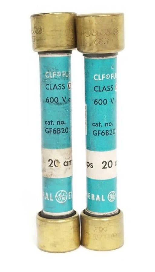 LOT OF 2 GENERAL ELECTRIC GF6B20 CLASS K5 FUSES 20AMPS, W/ BUSS 663 REDUCERS