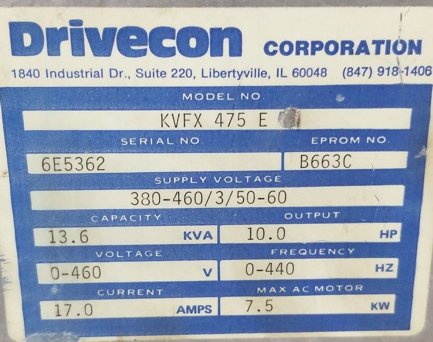 DRIVECON CORP. KVFX-475-E DRIVE BASE W/ HEAT SINK 380-460V/3/50-60HZ KVFX475E