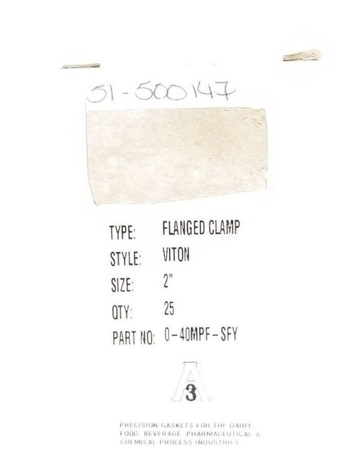 LOT OF 25 PURESERVE SYSTEMS A3 P/N: 0-40MPF-SFY FLANGED CLAMP GASKETS 2''