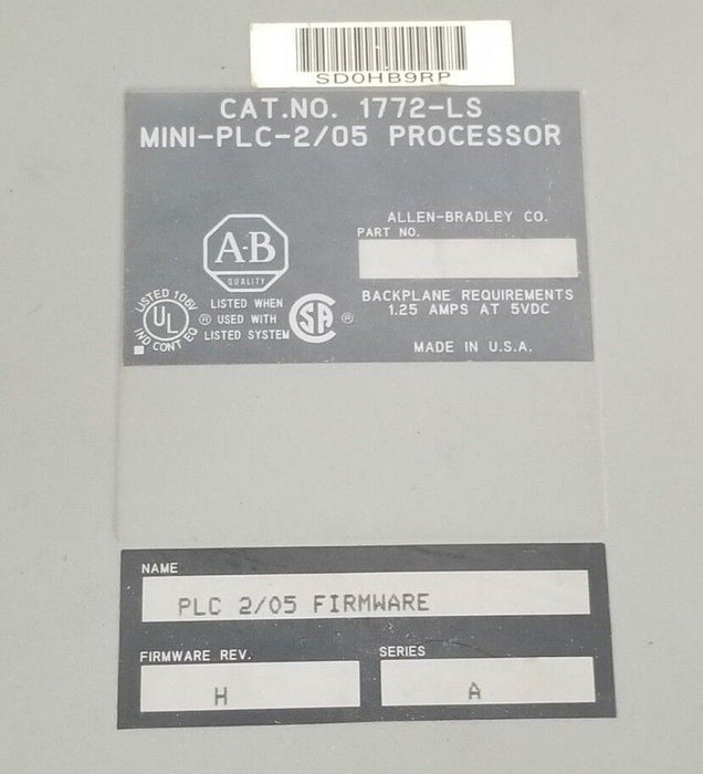 ALLEN BRADLEY 1772-LS PROCESSOR MODULE F/W REV: H SER. A, MINI-PLC-2/05