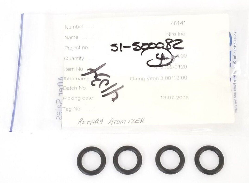 LOT OF 4 NEW NIRO INC. 012608-0120 O-RINGS VITON, 48141, 3.00 * 12.00