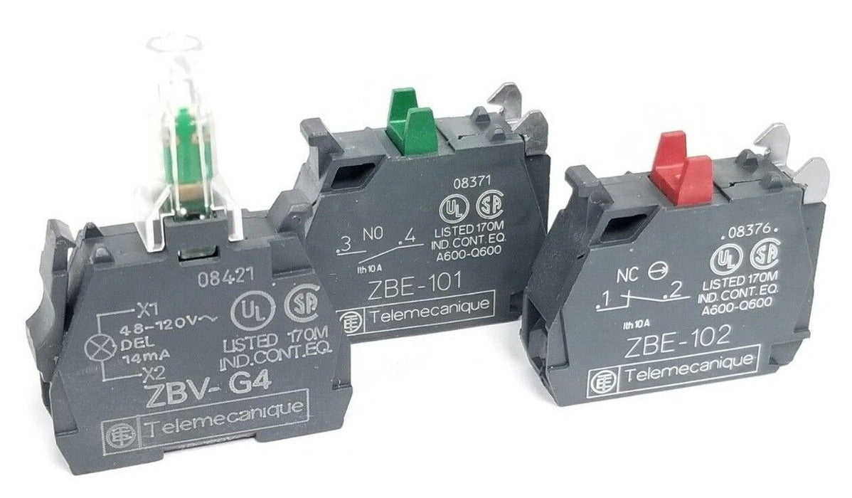 LOT OF 3 TELEMECANIQUE CONTACT BLOCKS (1) ZBV-G4 (1) ZBE-101 (1) ZBE-102