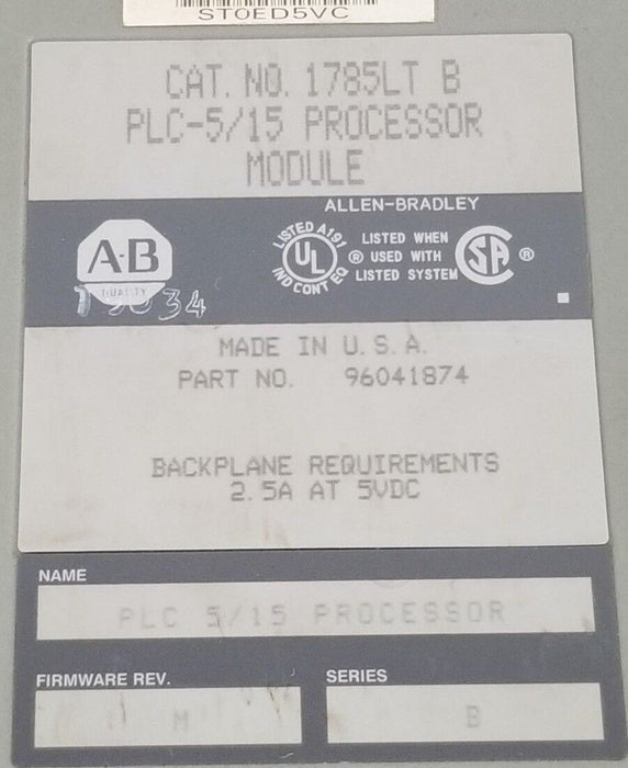 ALLEN BRADLEY 1785-LT/B PROCESSOR MODULE F/W REV. M SER. B 96041874 1785-LT