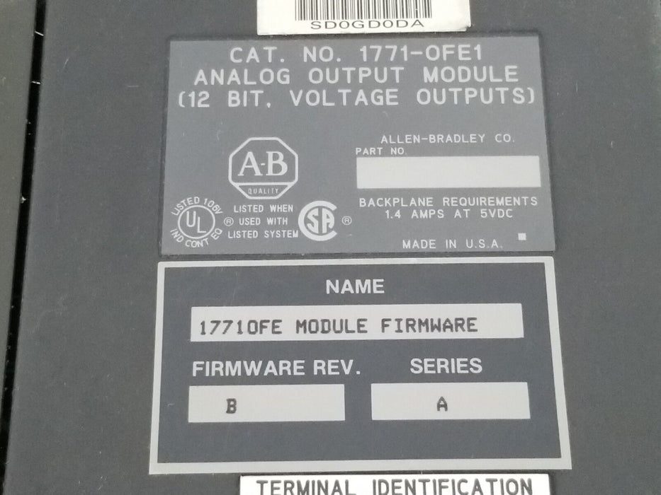 ALLEN BRADLEY 1771-OFE1 ANALOG OUTPUT MODULE SER. A F/W REV. B W/ 1771-WA SER. B