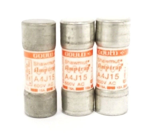 LOT OF 3 GOULD SHAWMUT A4J15 AMP TRAP FUSES 600V AC, CLASS J 15AMPS