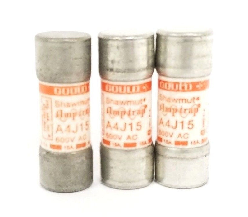 LOT OF 3 GOULD SHAWMUT A4J15 AMP TRAP FUSES 600V AC, CLASS J 15AMPS