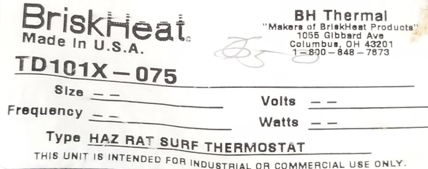NEW BRISKHEAT TD101X-075 HAZ RAT SURF THERMOSTAT CONTROL TD101X075
