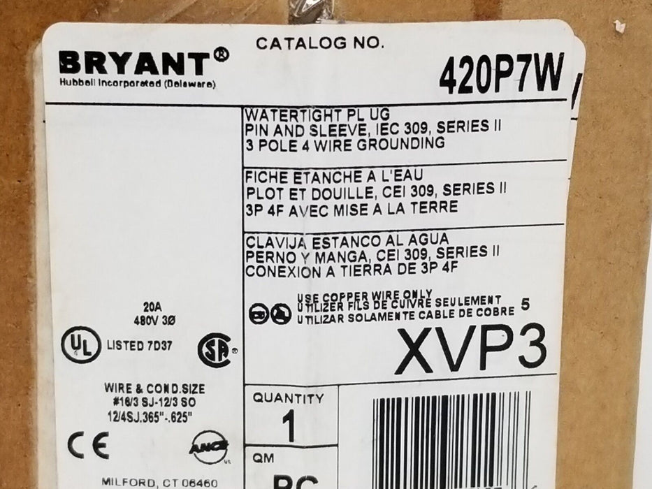 NIB HUBBELL / BRYANT 420P7W WATER TIGHT PLUG PIN & SLEEVE XVP3 20AMP 480V