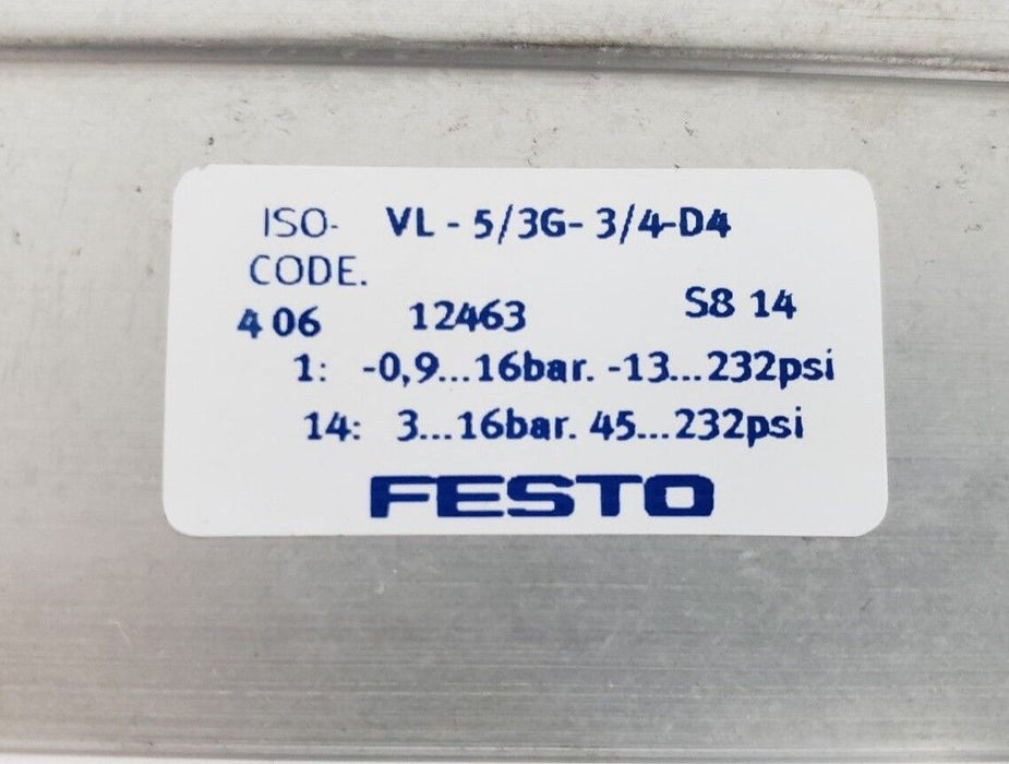 NEW FESTO ELECTRIC VL-5/3G-3/4-D-4 PNEUMATIC VALVE 12463 VL53G34D4