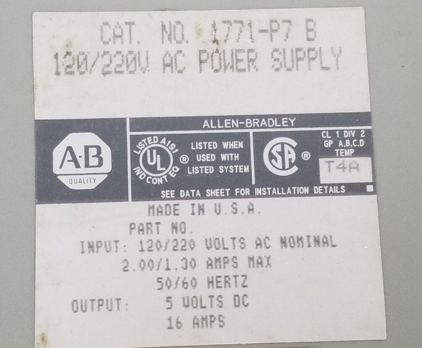 ALLEN BRADLEY 1771-P7 POWER SUPPLY SER. B 120-220VAC 5VDC 16A 1771P7