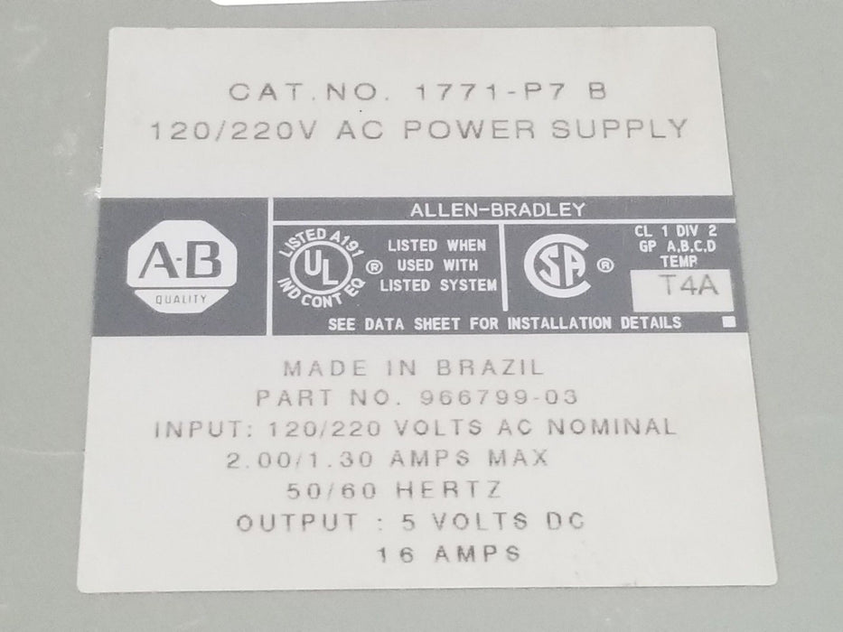 ALLEN BRADLEY 1771-P7 POWER SUPPLY SER. B 120/220VAC 966799-03 5VDC 16A 1771P7