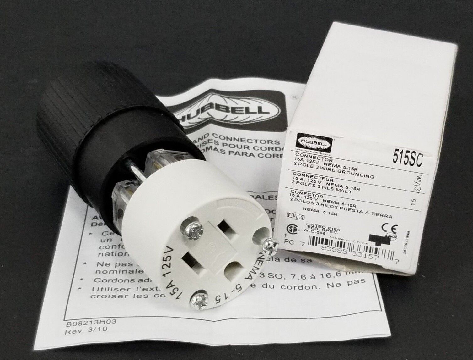 NIB HUBBELL 515SC CONNECTOR PLUG 15A 125V NEMA 5-15R FEMALE