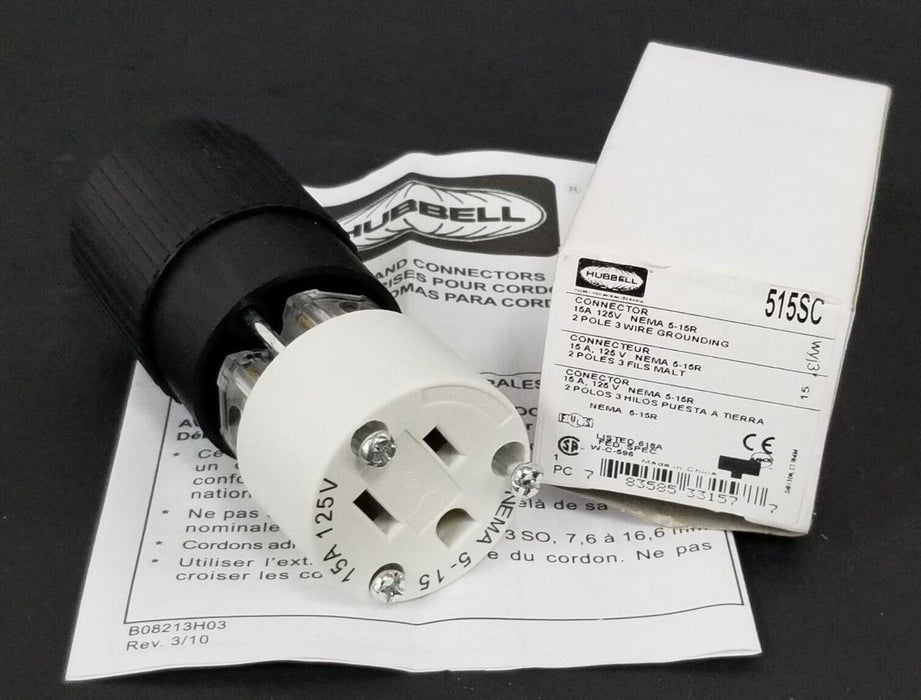 NIB HUBBELL 515SC CONNECTOR PLUG 15A 125V NEMA 5-15R FEMALE