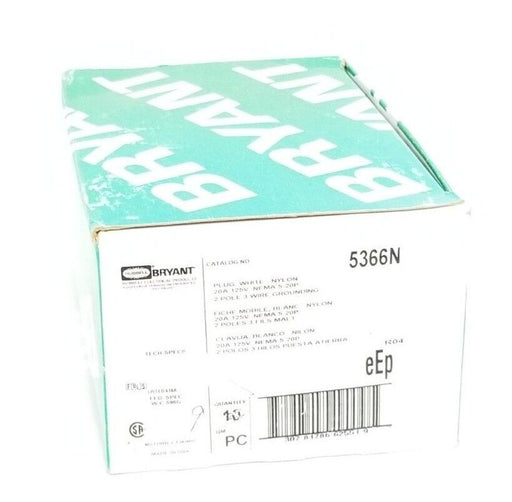BOX OF 5 NEW BRYANT 5366N PLUGS WHITE NYLON 20A 125V NEMA 5-20P 2P 3W GRD