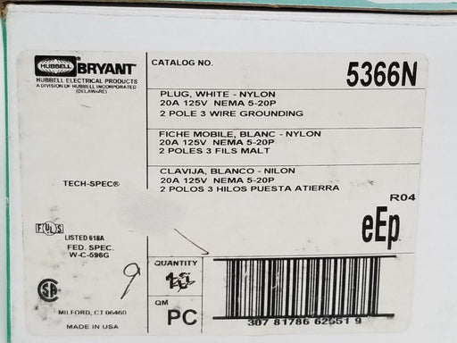 BOX OF 5 NEW BRYANT 5366N PLUGS WHITE NYLON 20A 125V NEMA 5-20P 2P 3W GRD