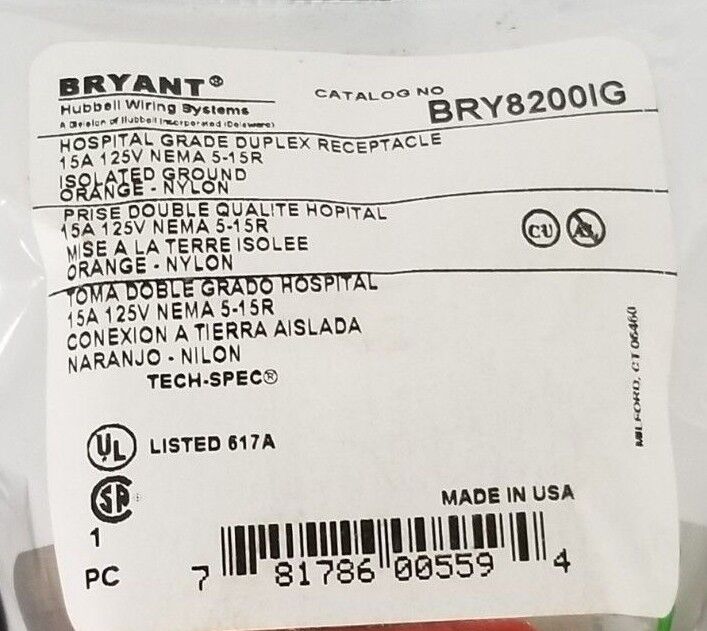 NEW BRYANT BRY8200IG HOSPITAL GRADE DUPLEX RECEPTACLE 15A 125V NEMA 5-15R