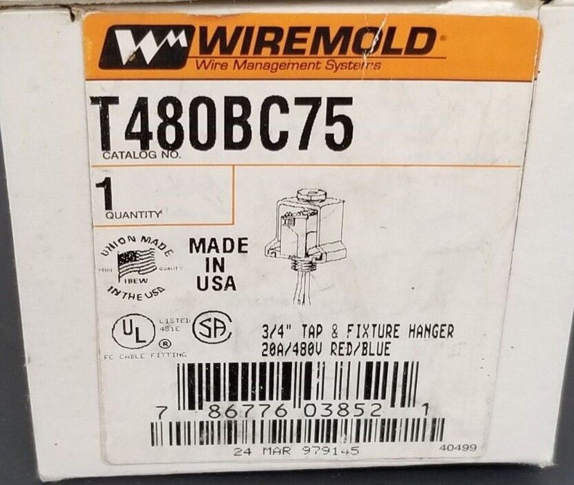 NIB WIREMOLD T480BC75 TAP & FIXTURE HANGER 3/4'' 20A/480V RED/BLUE T600BC75