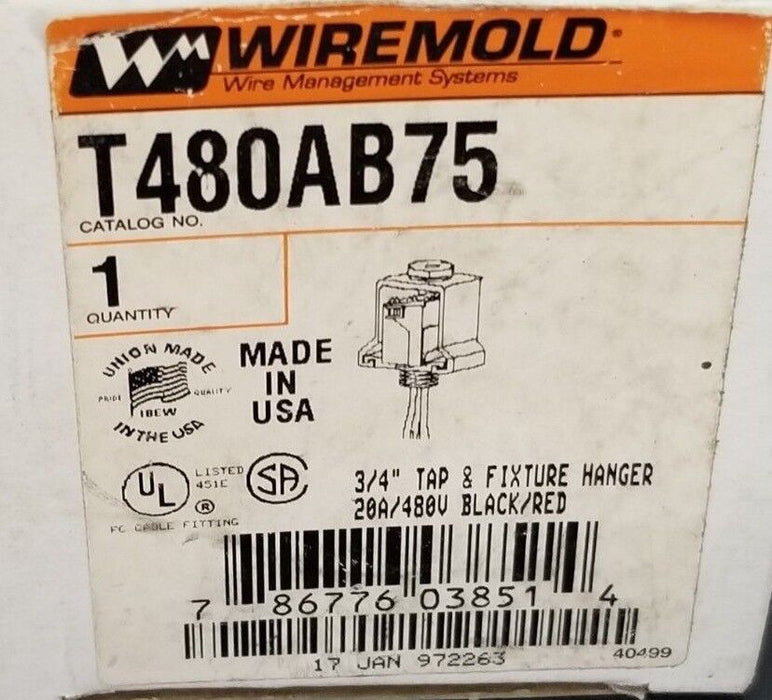 NIB WIREMOLD T480AB75 TAP & FIXTURE HANGER 3/4'' 20A/480V BLACK/RED T600AB75