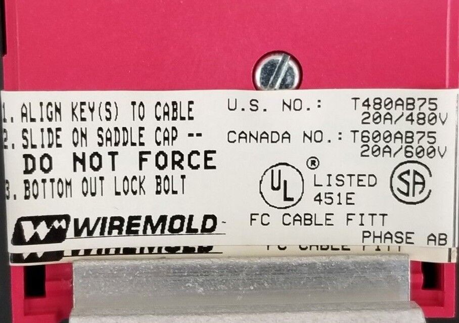 NIB WIREMOLD T480AB75 TAP & FIXTURE HANGER 3/4'' 20A/480V BLACK/RED T600AB75